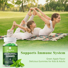 Lifestyle shot of a person taking a chlorophyll gummy during a wellness routine