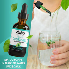 Dropper dispensing chlorophyll into water for a detox drink