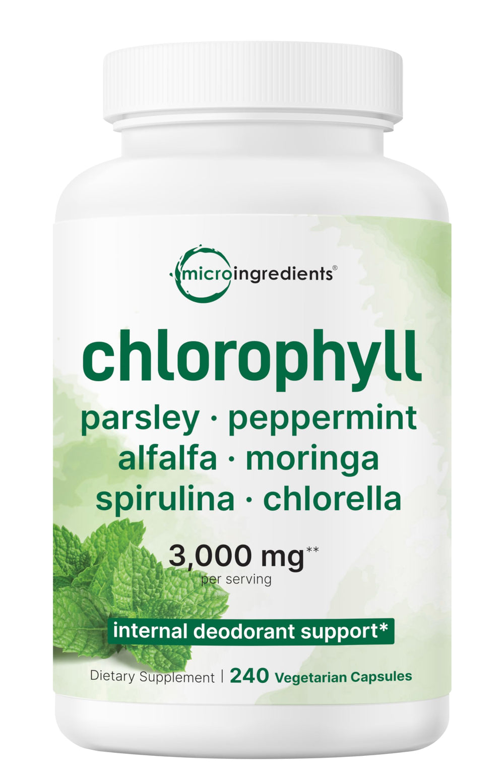 Bottle of Micro Ingredients Chlorophyll Super Greens Complex with 240 veggie capsules
