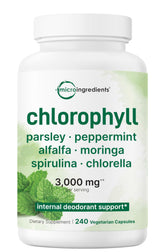 Bottle of Micro Ingredients Chlorophyll Super Greens Complex with 240 veggie capsules