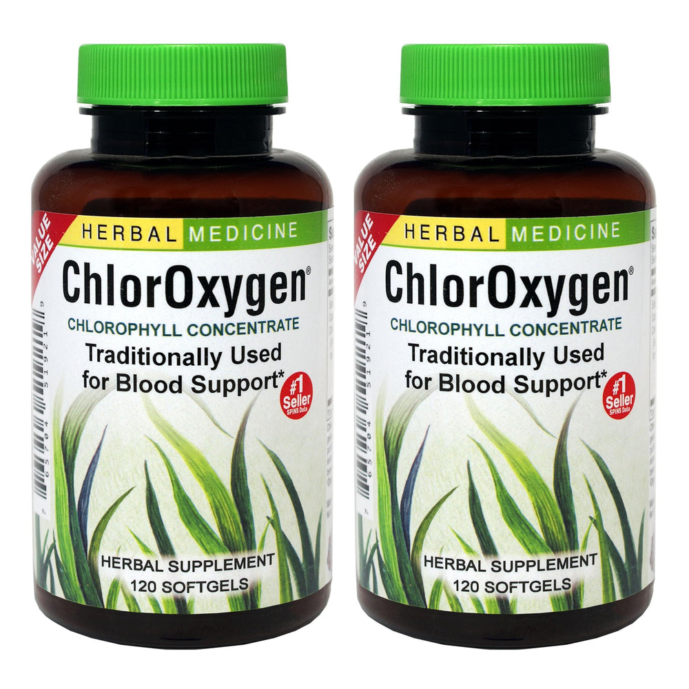 ChlorOxygen Chlorophyll Concentrate bottle front view - 120 softgels, 2-pack