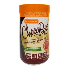 ChocoRite peanut butter protein shake tub shows rich flavor and 24g protein per serving.
