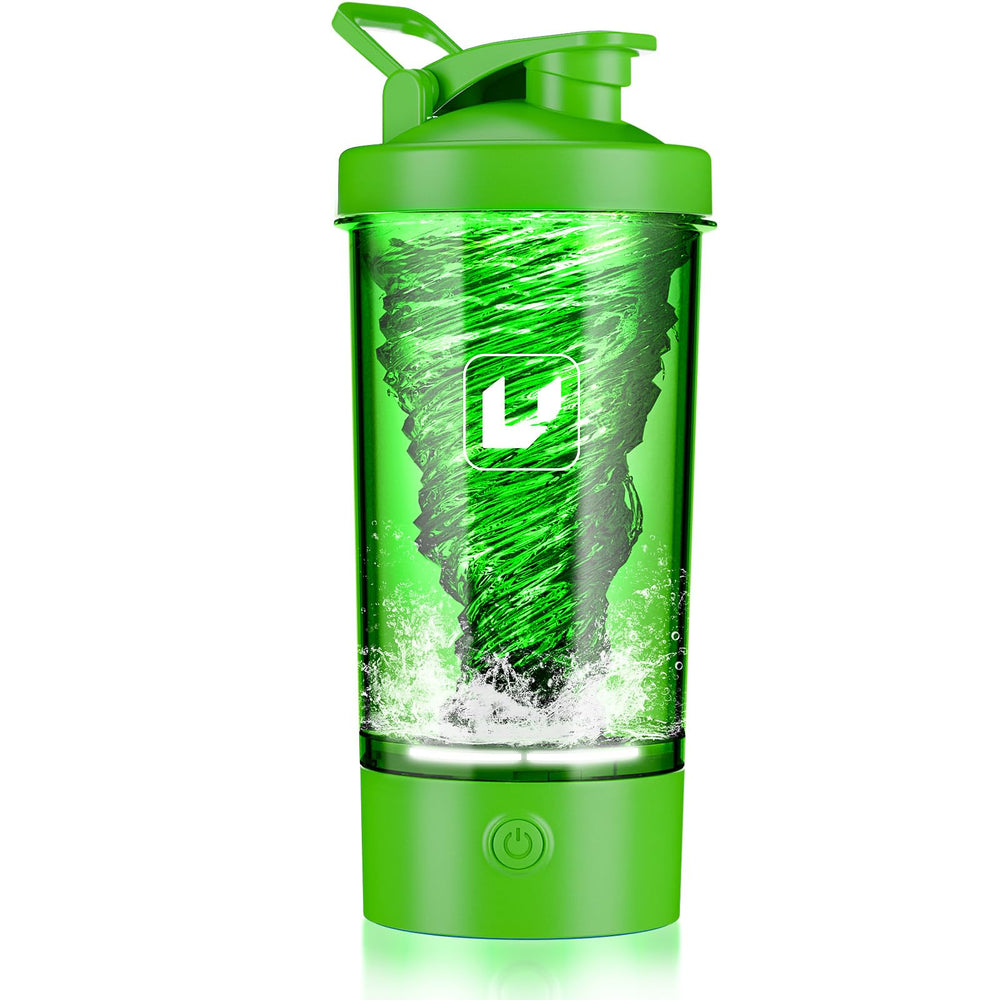 Cholas electric shaker bottle with green cap for convenient on-the-go blending.
