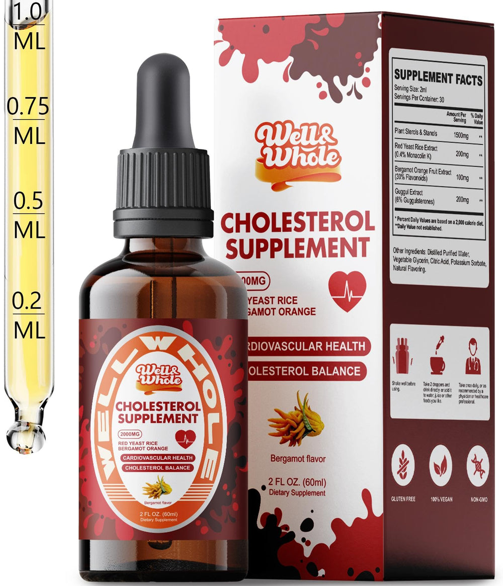 Bottle of Cholesterol Support Liquid Drops with Plant Sterols and Red Yeast Rice