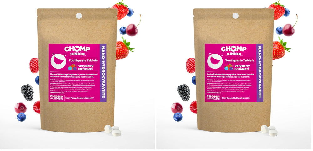 Front view of Chomp Junior Very Berry toothpaste tablets refill pack