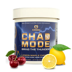 CHOQ Chad Mode tub closeup highlights clean label and natural ingredients for a pre-workout boost.