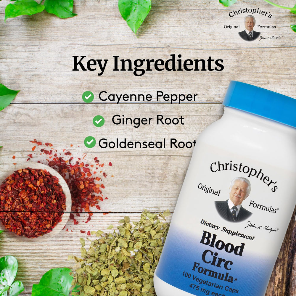 Christopher's Original Formulas Blood Circ Formula ingredients label highlights cayenne, ginger, and ginkgo