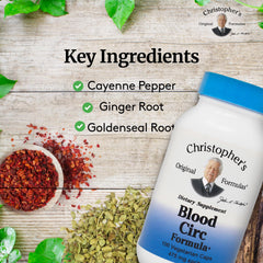 Christopher's Original Formulas Blood Circ Formula ingredients label highlights cayenne, ginger, and ginkgo