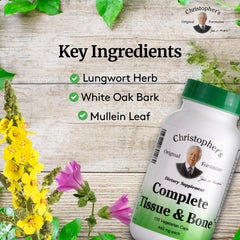 Illustration of key botanicals: White Oak Bark, Slippery Elm, and Mullein Leaf