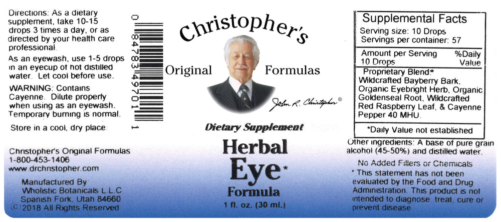 Christopher's Original Formulas eyebright label close-up highlights premium ingredients.