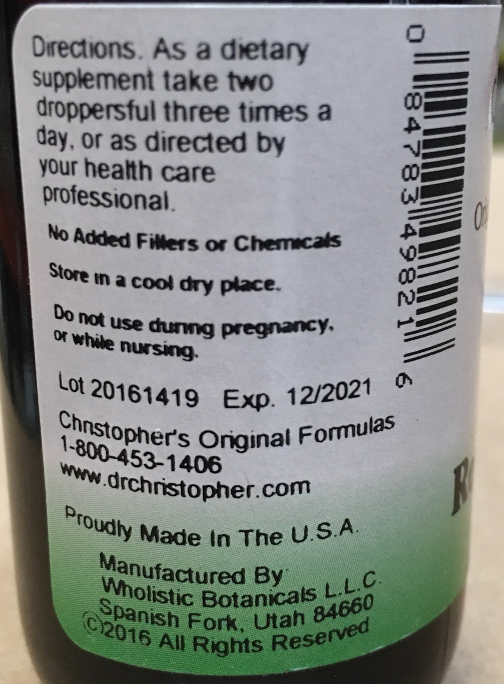 Close-up of the 2 oz liquid bottle label for Christopher's Original Formulas Female Reproductive Formula