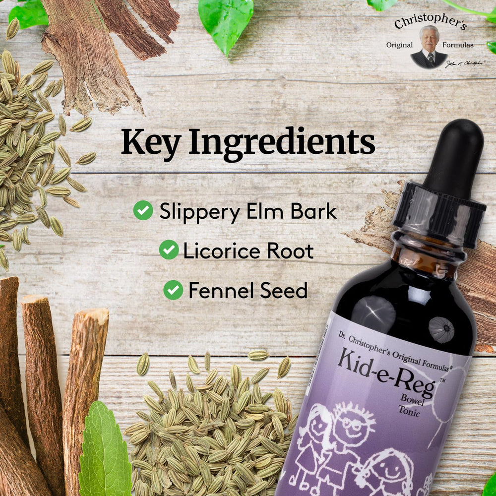 Christopher's Kid-e-Reg label highlights a safe, herbal formula for gentle gut balance