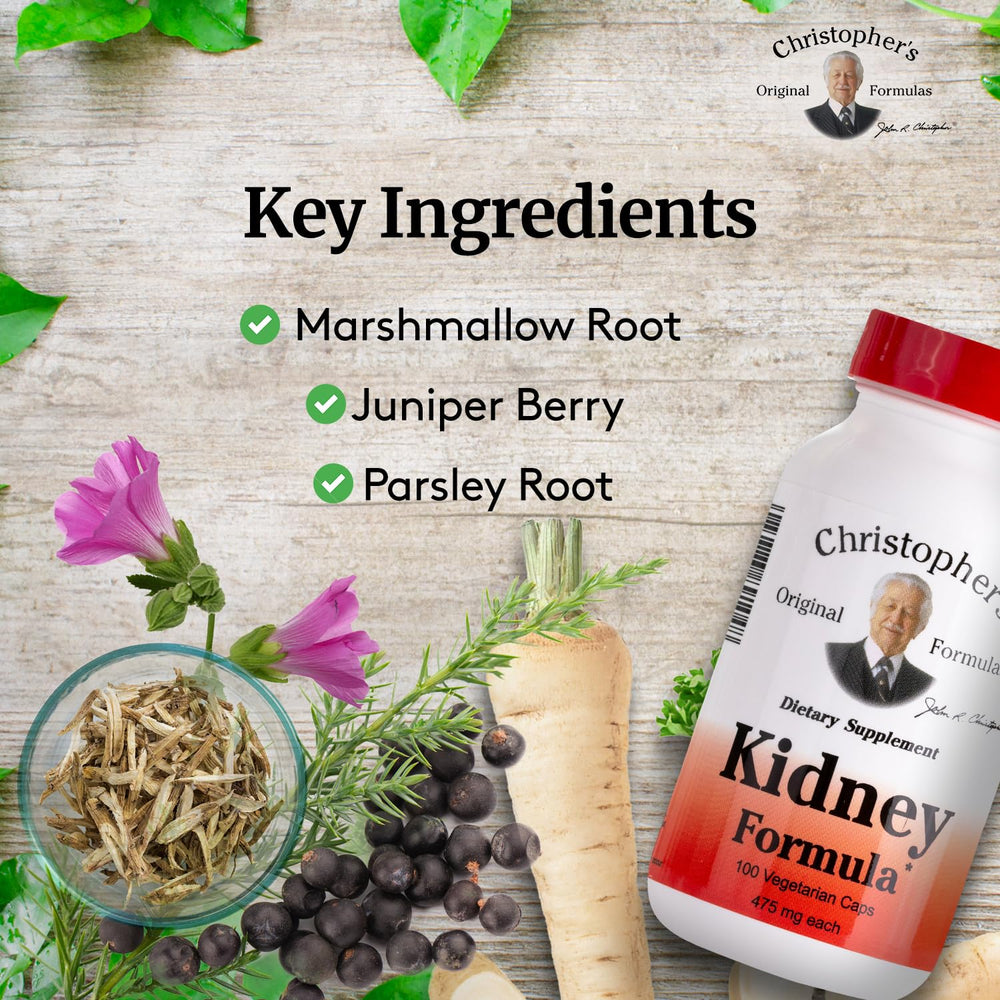 Christopher's Original Formulas kidney formula ingredients highlight juniper berry and uva-ursi for urinary health