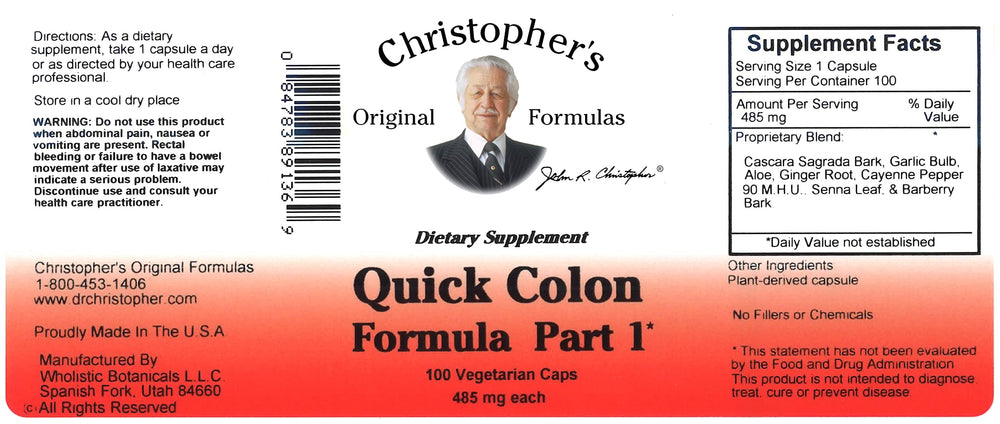 Packaging box for Christopher's Original Formulas Quick Colon Part 1 signaling quality and vegetarian capsules.
