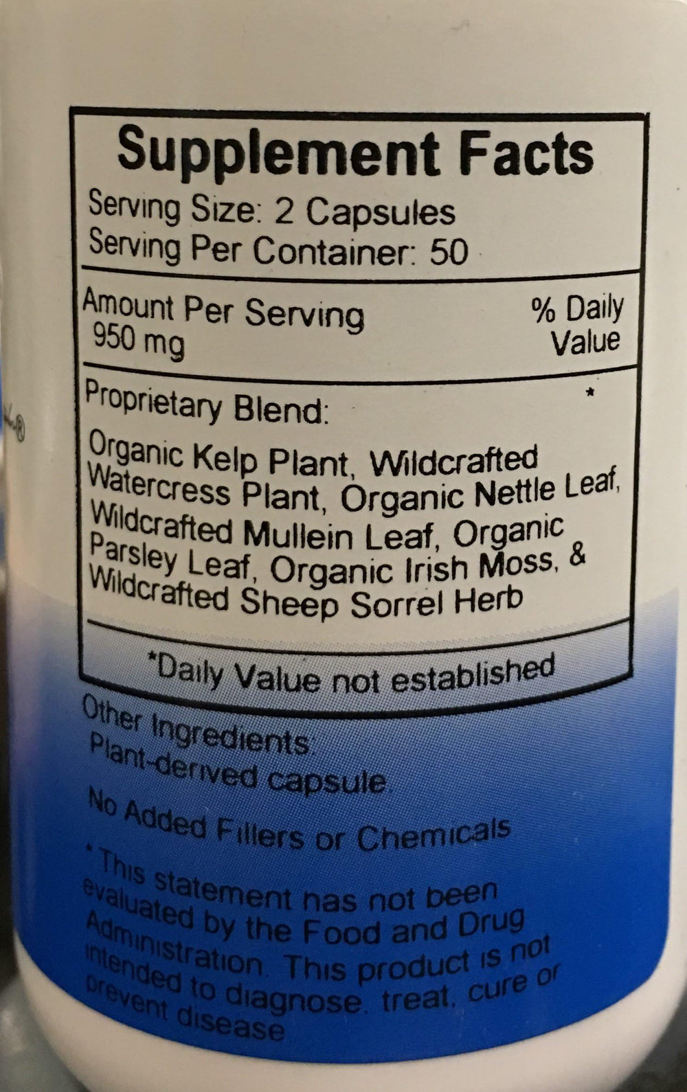 Herbal ingredients including kelp, nettle leaf, watercress and Irish moss