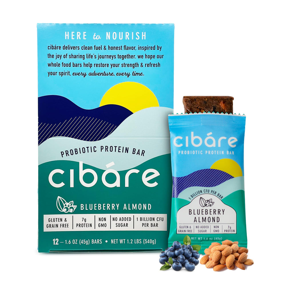 Hero image of Cibáre Probiotic Protein Bars in Blueberry Almond flavor (12 count).