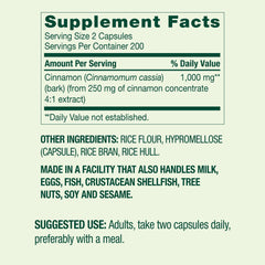 Non-GMO and gluten-free Cinnamon 1000 mg supplement labeling