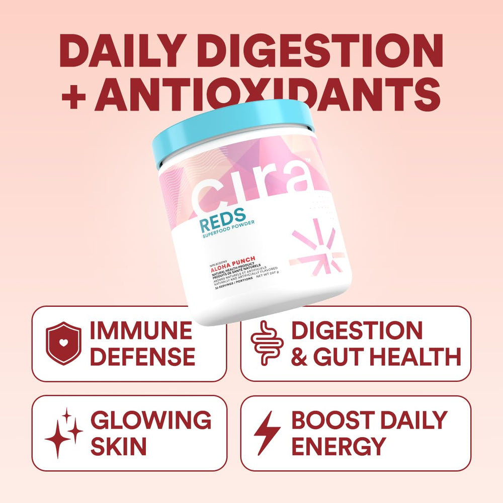 Cira Glow-Getter Reds dissolving in glass with water for easy hydration and flavor.