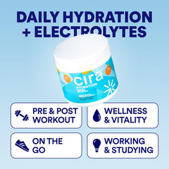 Cira Hydration Peach Mango stir-mix demonstrates easy-dissolve powder for refreshing drinks