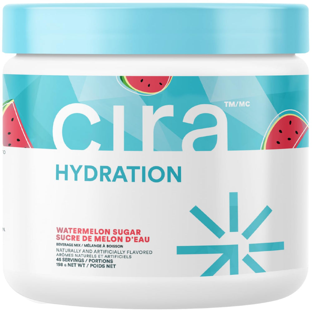 Cira Hydration powder tub front, ready for quick hydration during workouts.