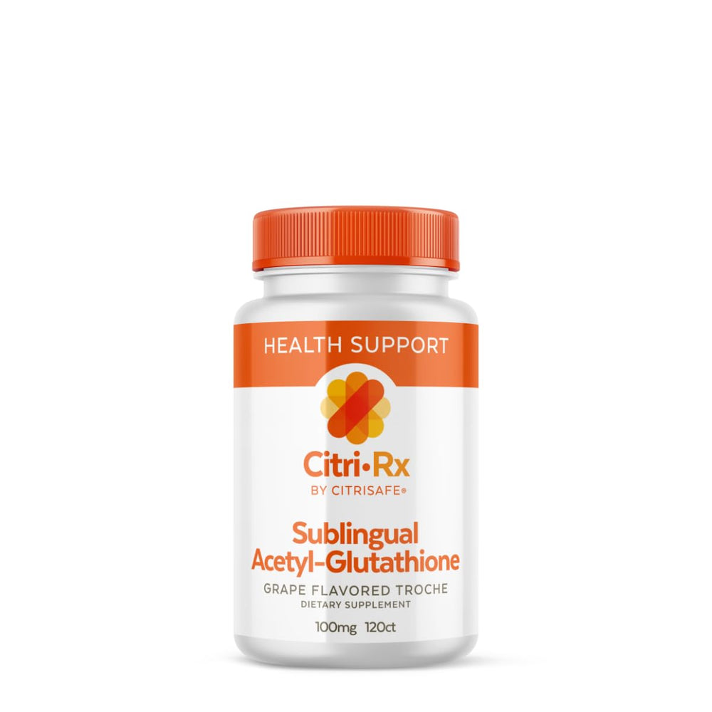 CitriRx Sublingual Acetyl Glutathione 100mg bottle with grape flavor label, USA-made