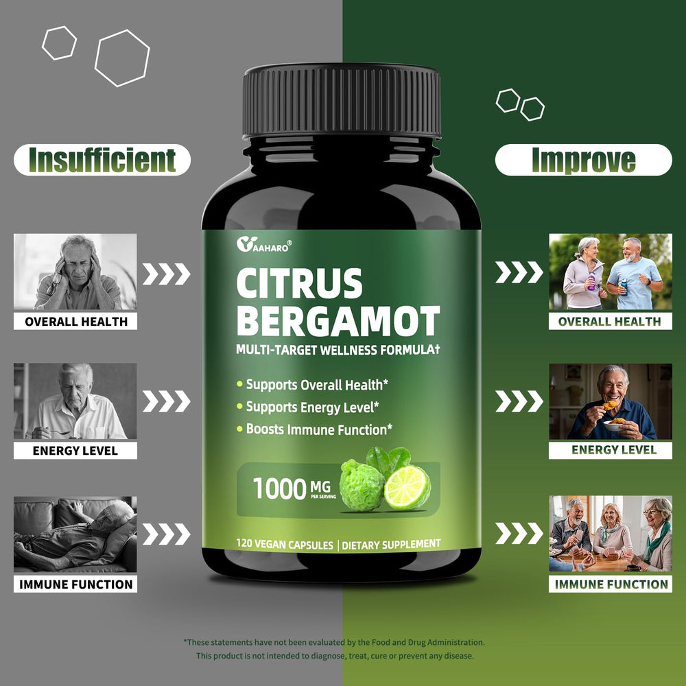 Close-up of Citrus Bergamot 1000mg capsules and accompanying ingredients