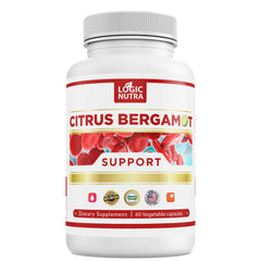 Citrus Bergamot Supplement bottle showing 1000mg bergamot extract per two capsules