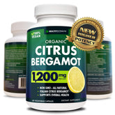 Citrus bergamot supplement bottle displaying 150:1 extract and 1200mg per serving