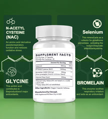 NAC 1200mg with Bromelain, Glycine and Selenium labels