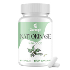 Front view of Clarusph Nattokinase 8000 FU + CoQ10 bottle