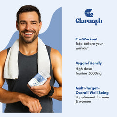 Clarusph Taurine capsules close-up highlighting the high-dose capsules.