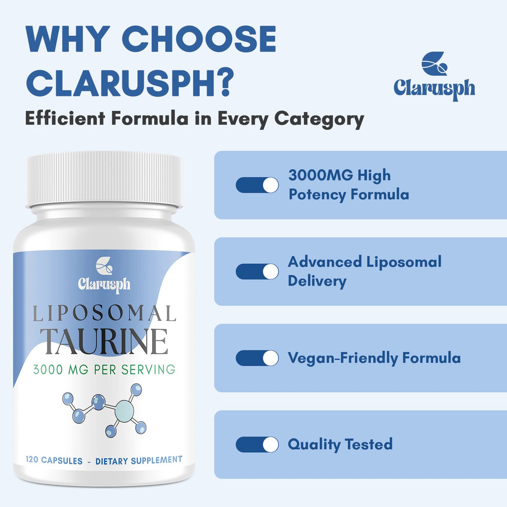 Clarusph Taurine label close-up with measuring cup for daily routine.