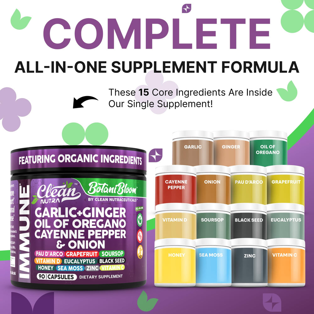 Close-up of product label featuring garlic, ginger, oregano oil and cayenne