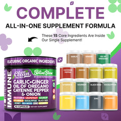 Close-up of product label featuring garlic, ginger, oregano oil and cayenne