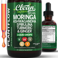 Bottle of Clean Nutra Moringa Drops with moringa, ashwagandha, spirulina and chlorella