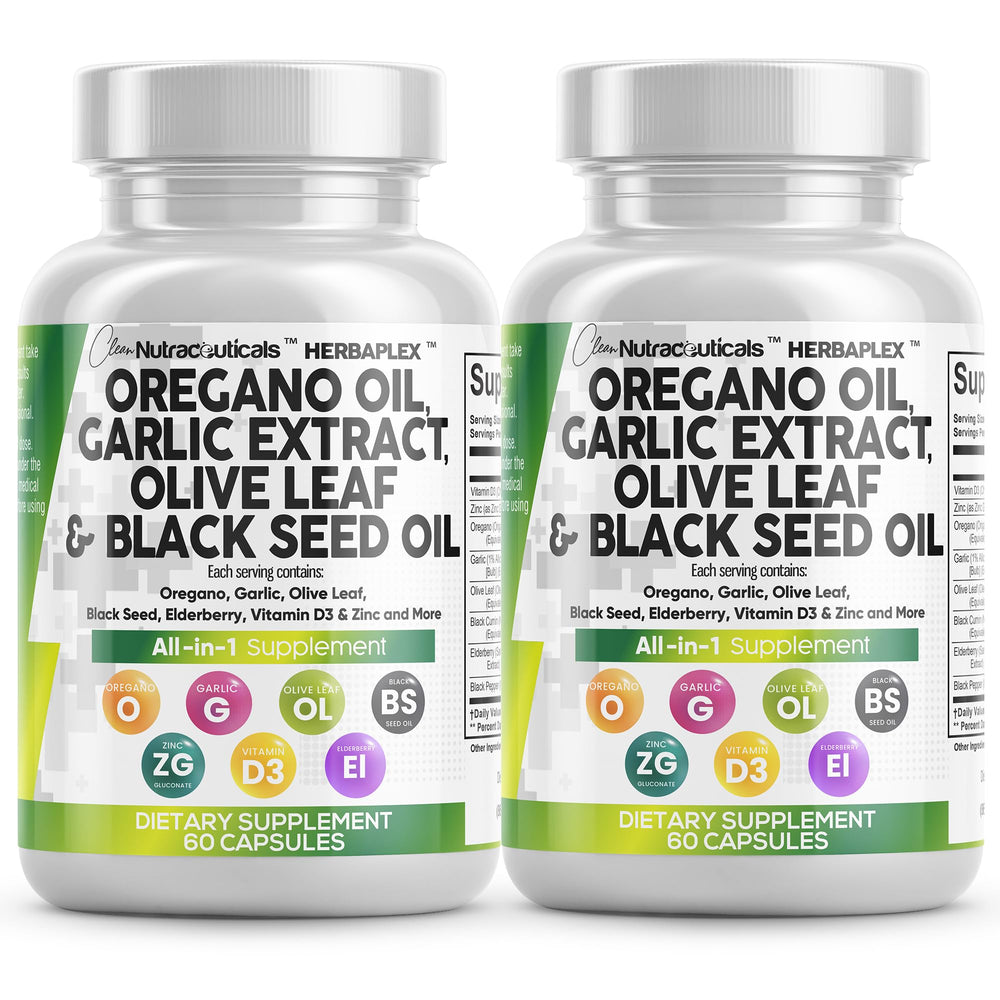 Clean Nutra oregano oil and garlic extract blend with olive leaf and black seed oil - 2 pack packaging