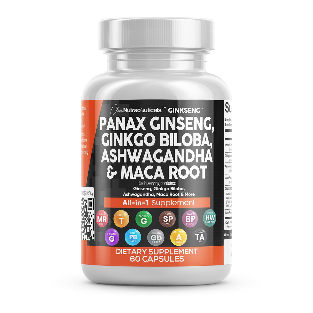 Clean Nutra Panax Ginseng Ginkgo Biloba Ashwagandha Maca 60 capsules bottle label