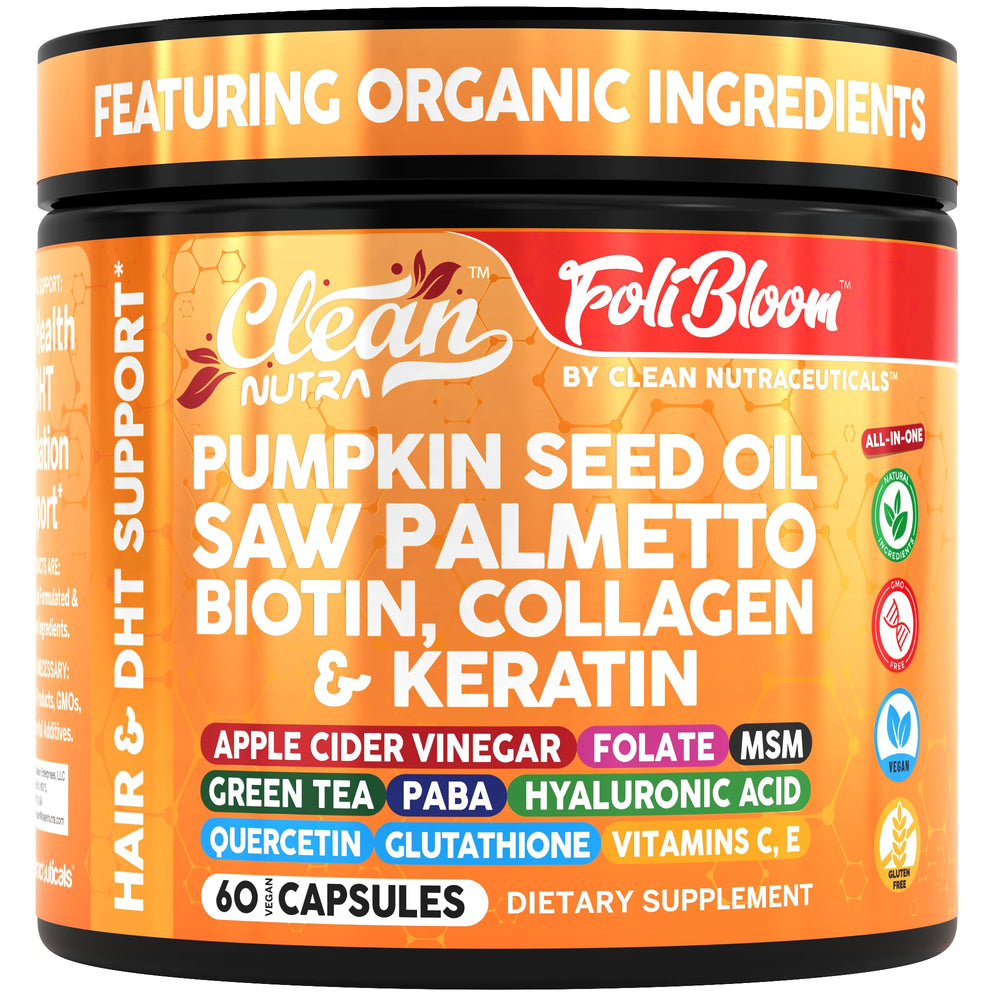 Clean Nutra hair supplement bottle with pumpkin seed oil capsules