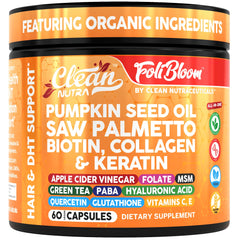 Clean Nutra hair supplement bottle with pumpkin seed oil capsules