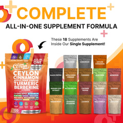 Ceylon cinnamon, berberine, turmeric and ginseng capsules arranged
