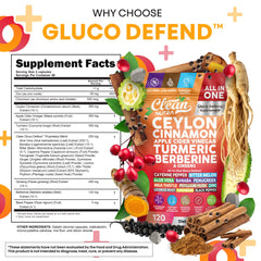 Gluco Defend 16-in-1 supplement bottle label and ingredients collage