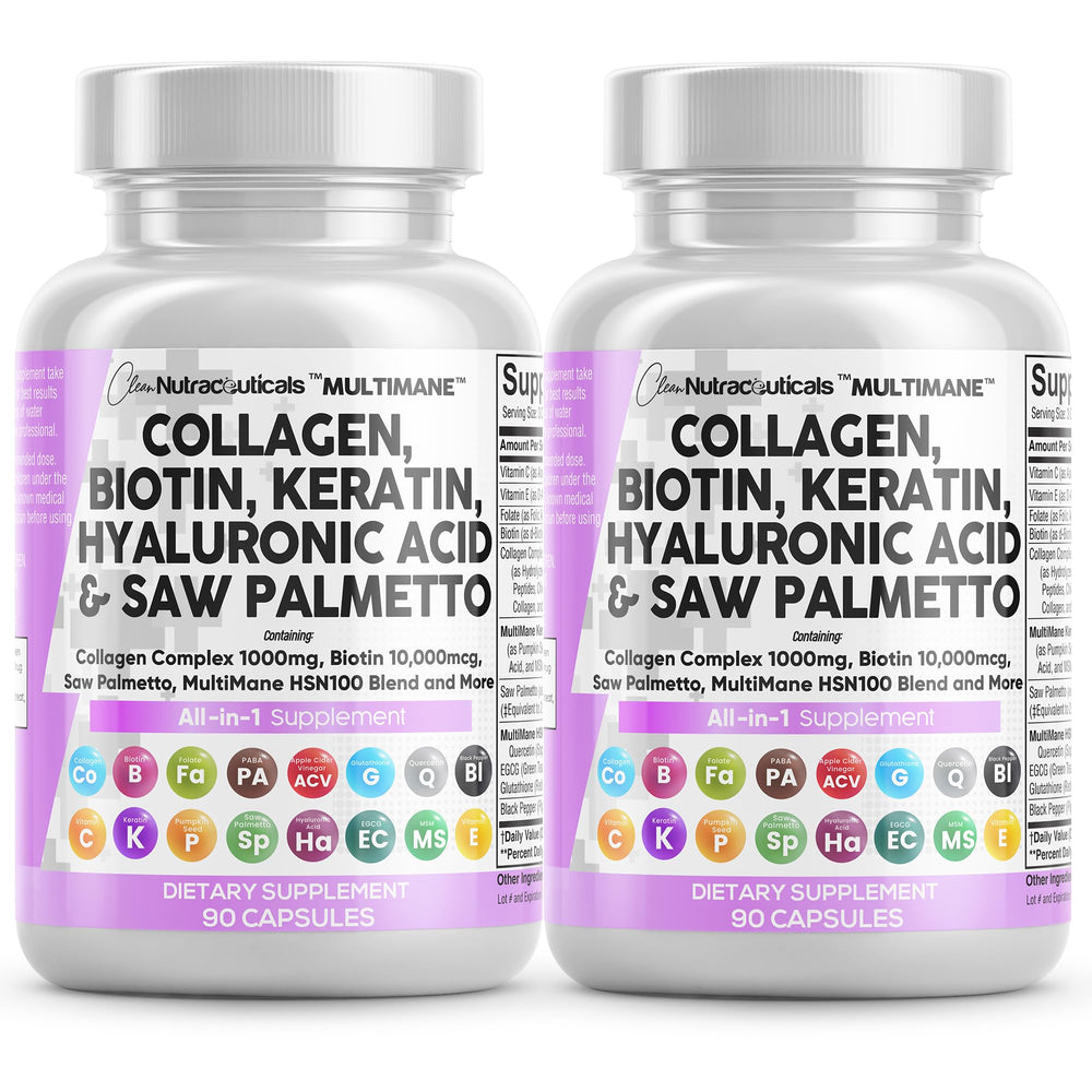 Bottle of Clean Nutraceuticals collagen pills with 1000mg and Biotin 10000mcg on label
