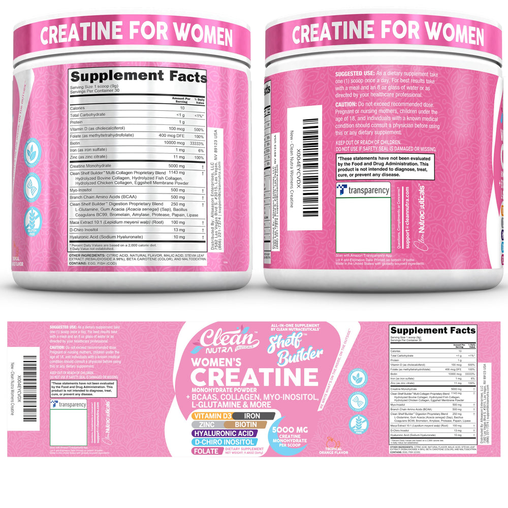 Clean Nutraceuticals Creatine for Women label closeup with tropical flavor notes