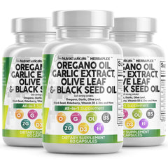 Clean Nutraceuticals oregano oil garlic extract olive leaf black seed oil bottle – front view