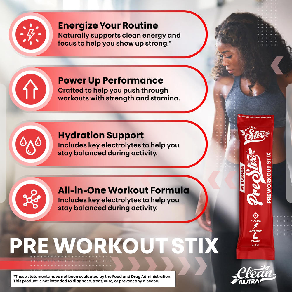Clean Nutraceuticals Pre Workout Sticks bottle-and-packets scene showcases complete workout stack.