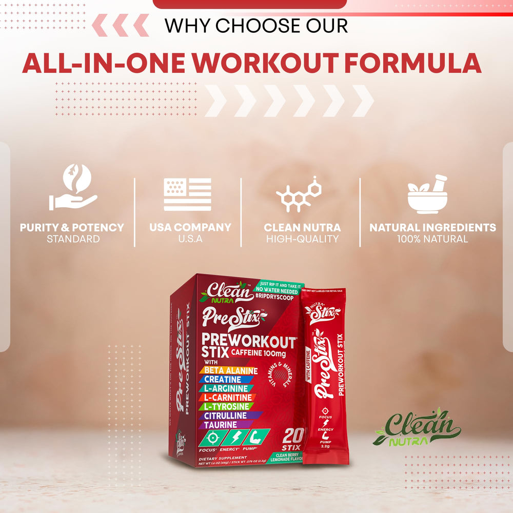 Clean Nutraceuticals Pre Workout Sticks glass-with-sticks demonstrates mix ready beverage.