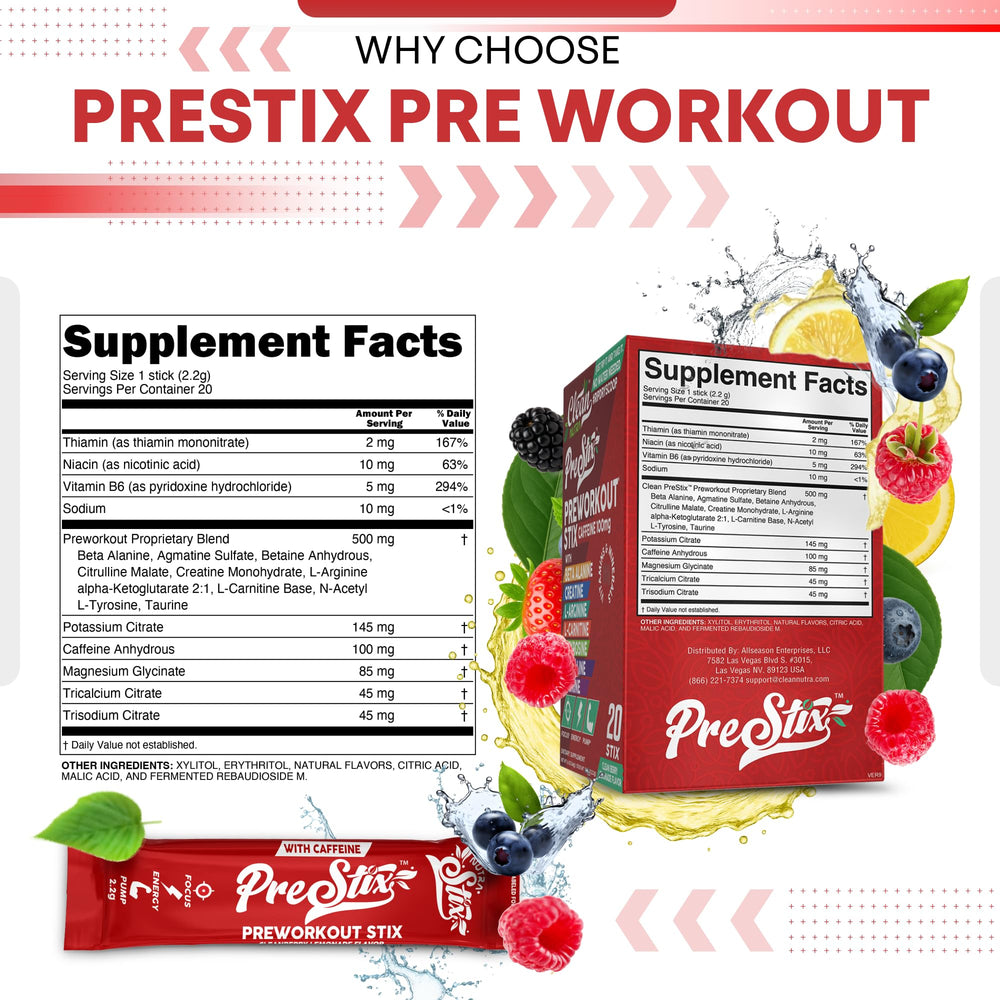 Clean Nutraceuticals Pre Workout Sticks ingredient-label detail emphasizes transparent formula.