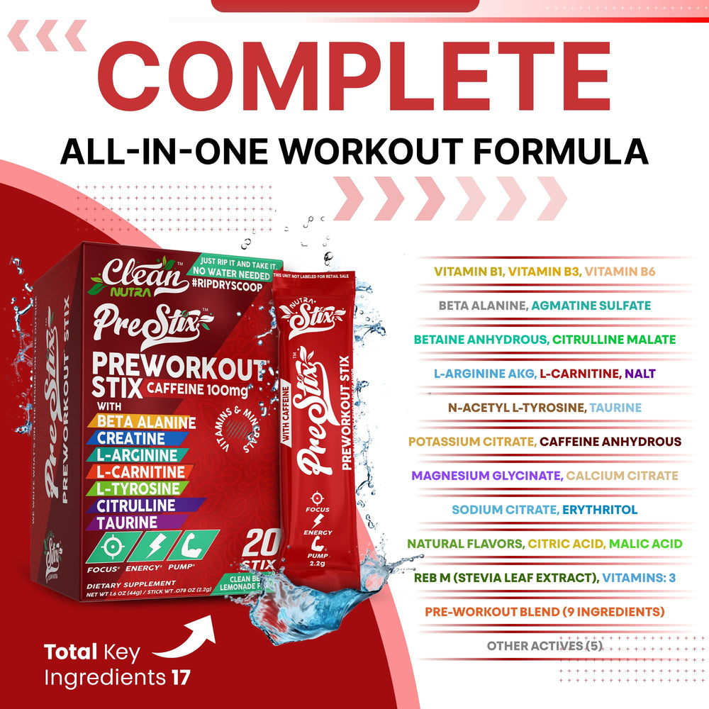 Clean Nutraceuticals Pre Workout Sticks open-packet demonstrates quick prep and portability.