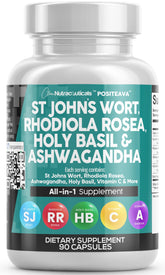 Front label of Clean Nutraceuticals Mood Support supplement showing St John's Wort, Rhodiola, Holy Basil and Ashwagandha