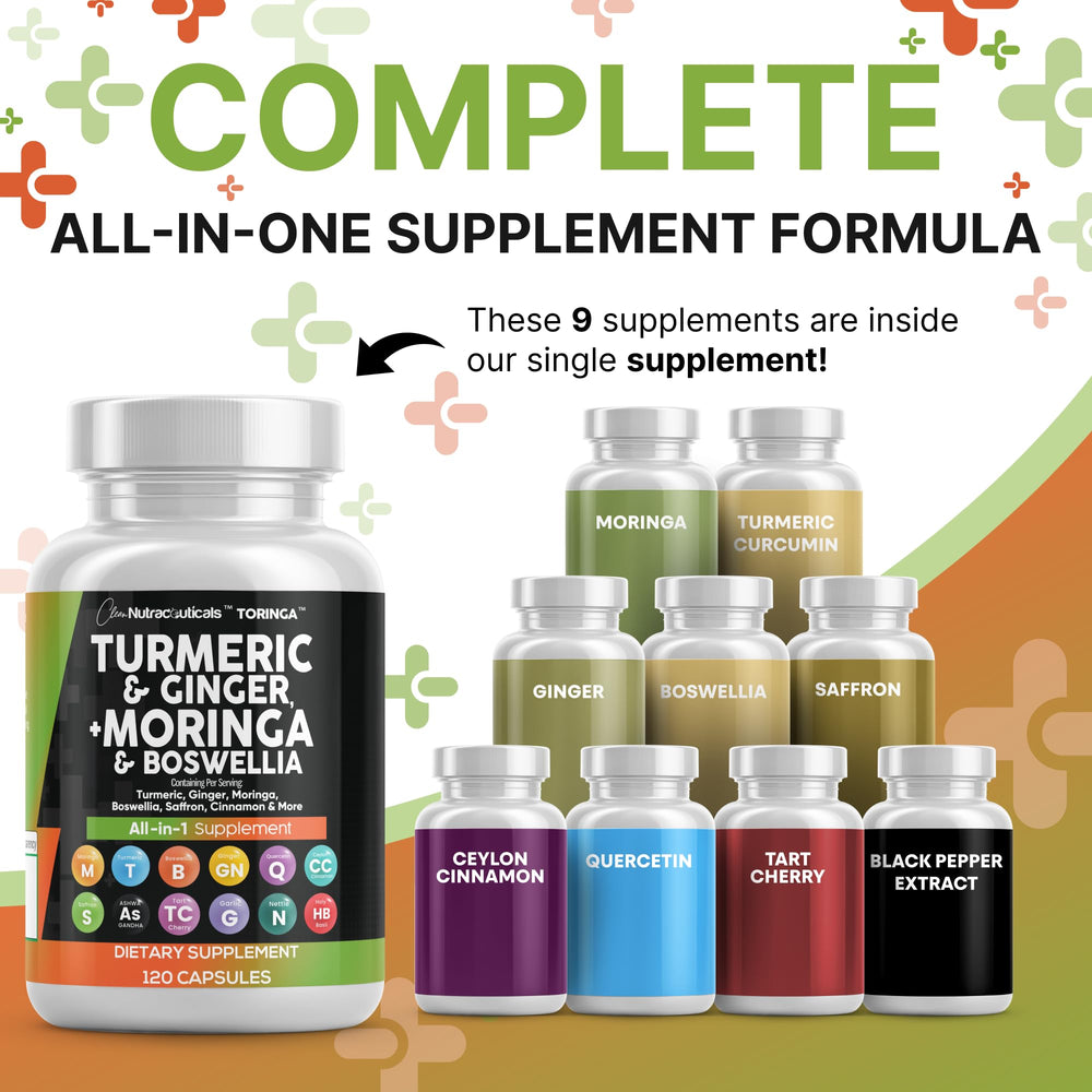 Close-up label highlighting turmeric, moringa, ginger and black pepper